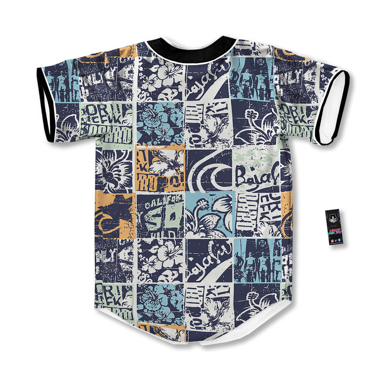 Vintage Patchwork Surfing Print Pattern Baseball Jersey-grizzshop