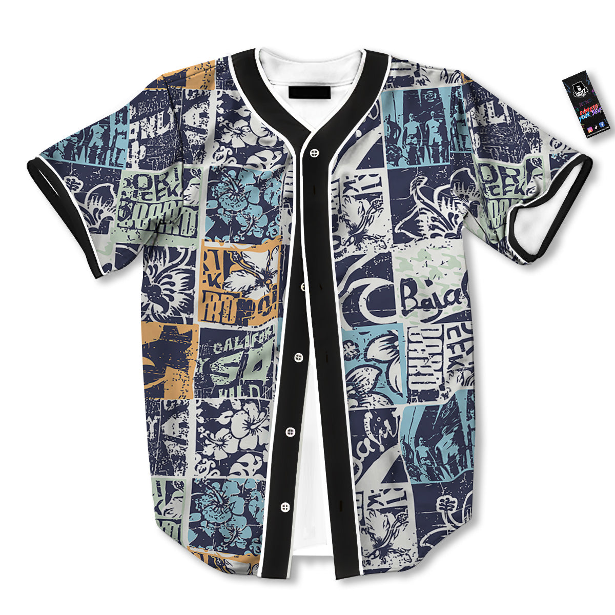 Vintage Patchwork Surfing Print Pattern Baseball Jersey-grizzshop