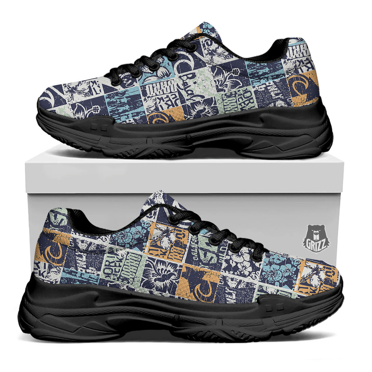 Vintage Patchwork Surfing Print Pattern Black Chunky Shoes-grizzshop