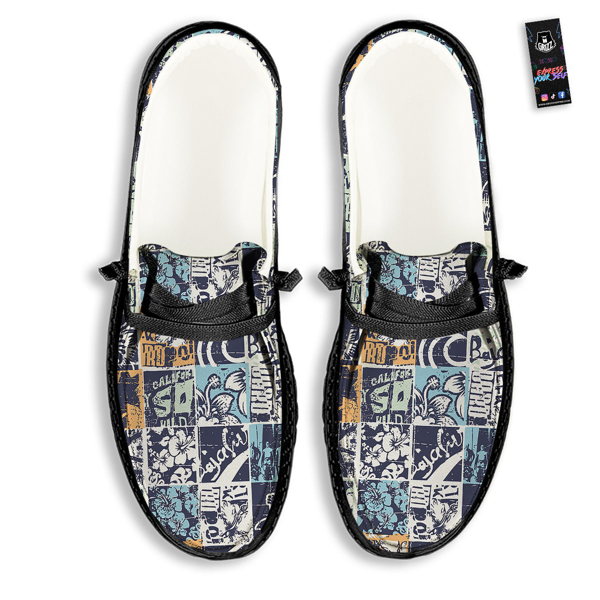 Vintage Patchwork Surfing Print Pattern Black Loafers-grizzshop