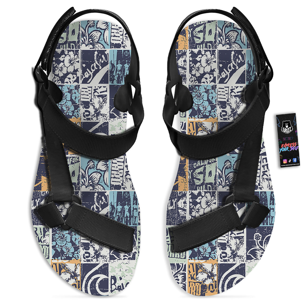 Vintage Patchwork Surfing Print Pattern Black Open Toe Sandals-grizzshop