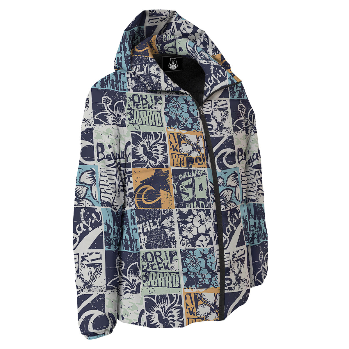Vintage Patchwork Surfing Print Pattern Down Jacket-grizzshop