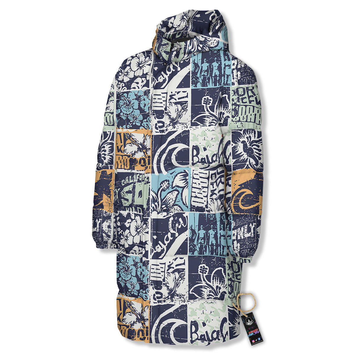 Vintage Patchwork Surfing Print Pattern Long Down Jacket-grizzshop