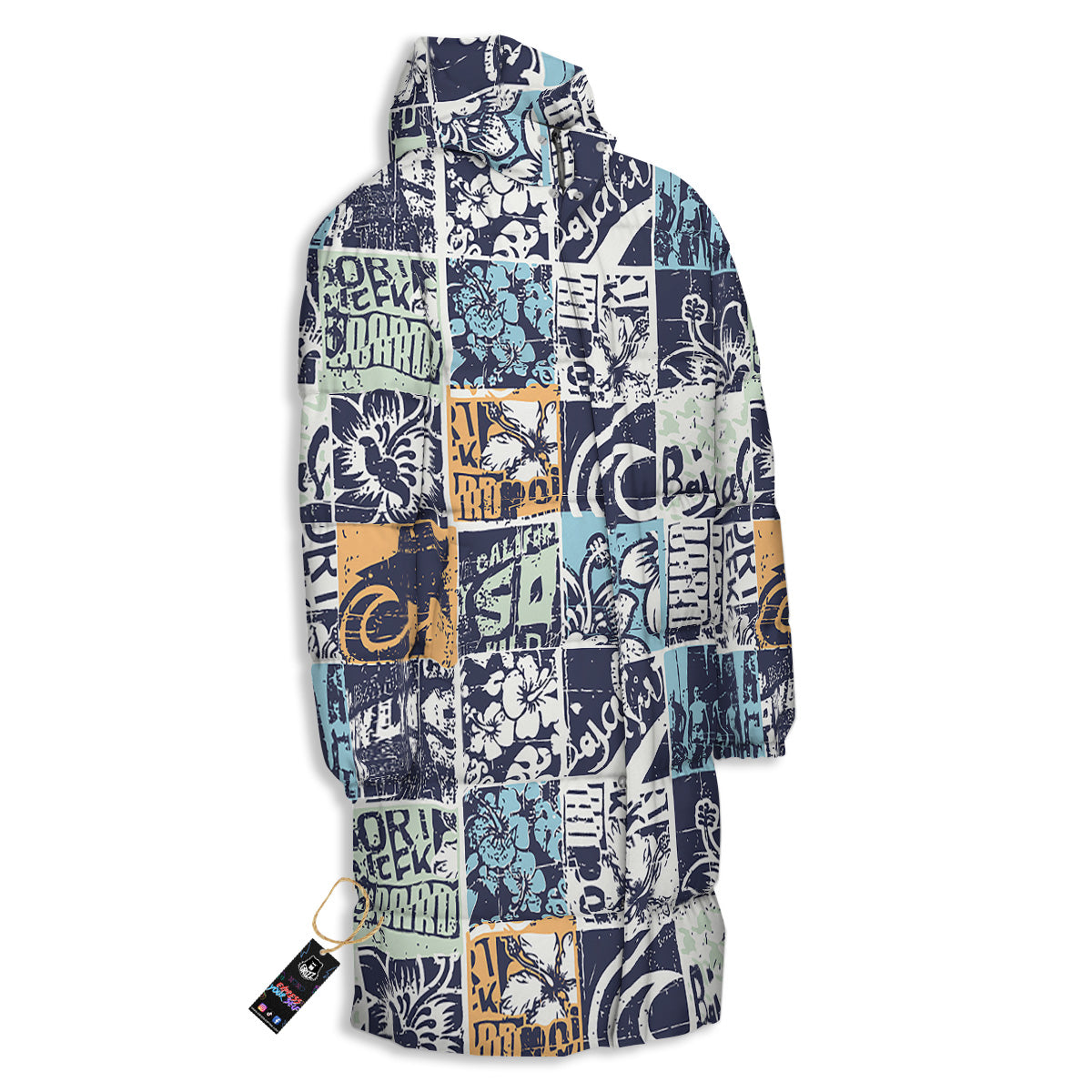 Vintage Patchwork Surfing Print Pattern Long Down Jacket-grizzshop