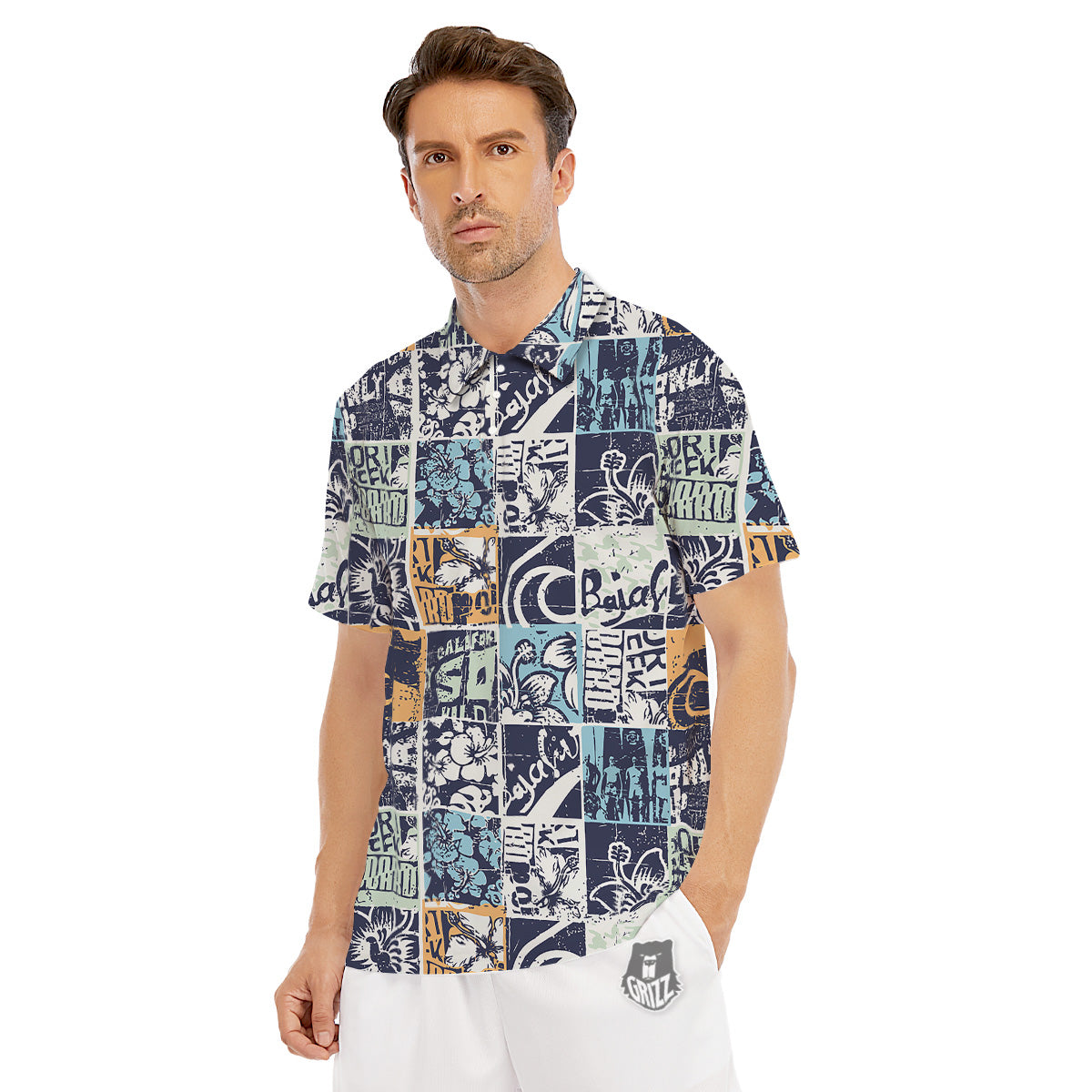 Vintage Patchwork Surfing Print Pattern Men's Golf Shirts-grizzshop