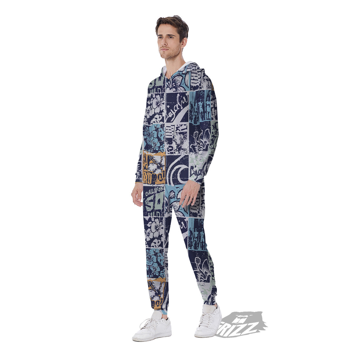 Vintage Patchwork Surfing Print Pattern Men's Jumpsuit-grizzshop