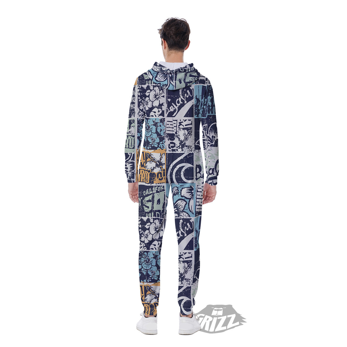 Vintage Patchwork Surfing Print Pattern Men's Jumpsuit-grizzshop