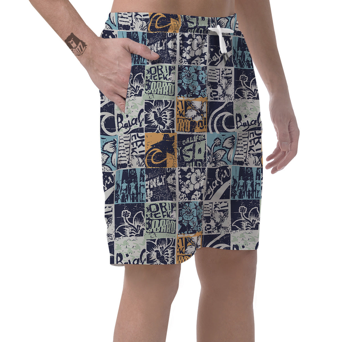 Vintage Patchwork Surfing Print Pattern Men's Shorts-grizzshop