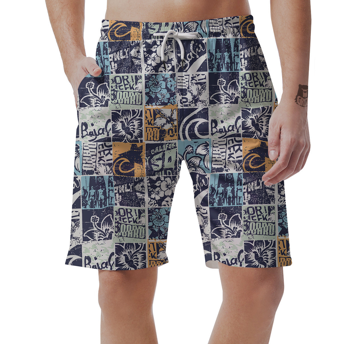 Vintage Patchwork Surfing Print Pattern Men's Shorts-grizzshop