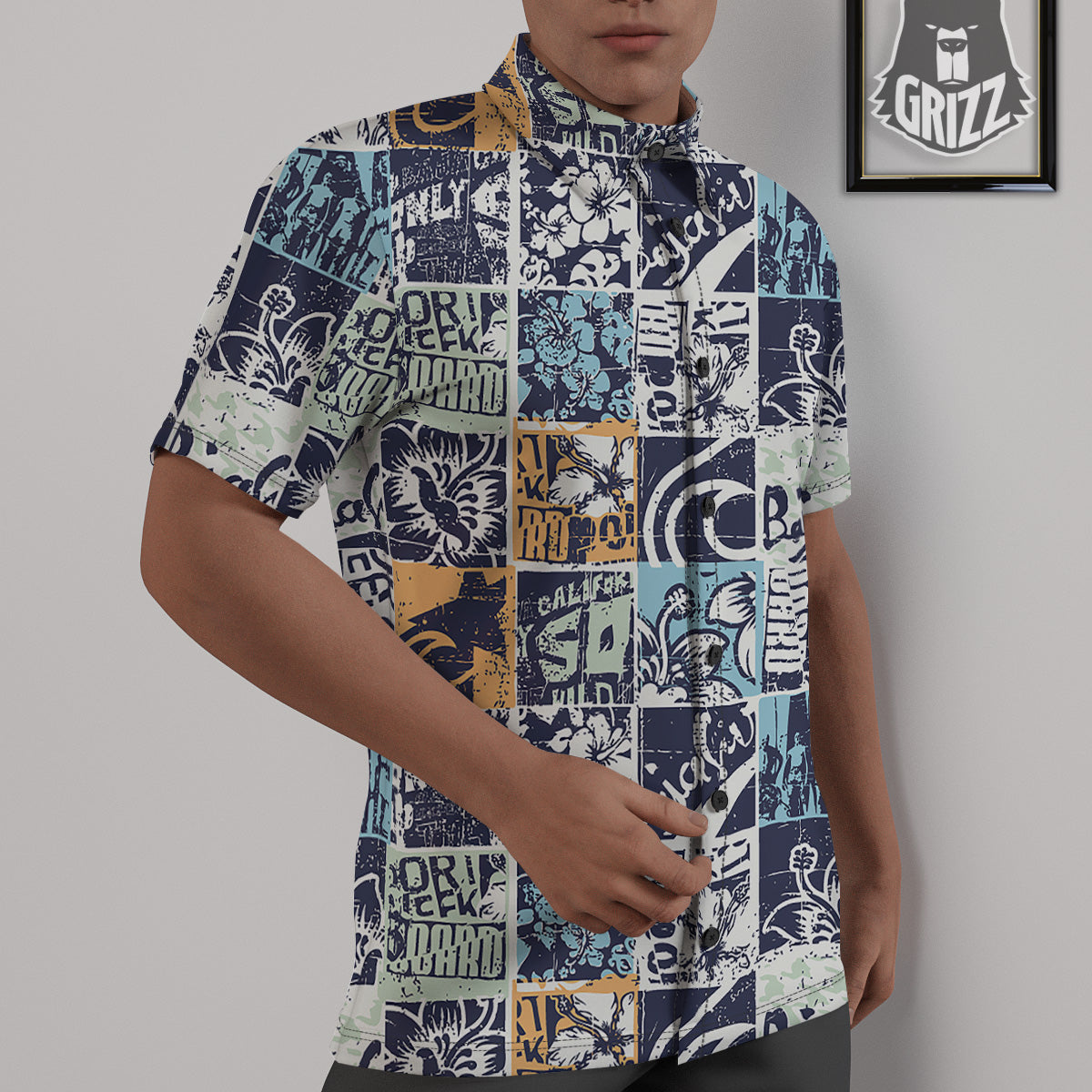 Vintage Patchwork Surfing Print Pattern Untucked Shirts-grizzshop