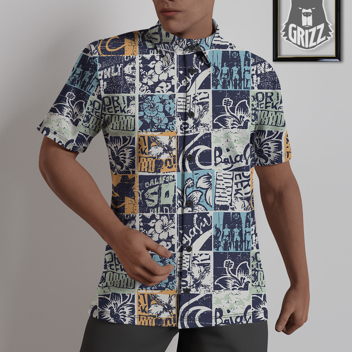 Vintage Patchwork Surfing Print Pattern Untucked Shirts-grizzshop