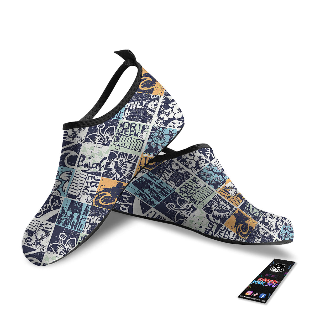 Vintage Patchwork Surfing Print Pattern Water Shoes-grizzshop