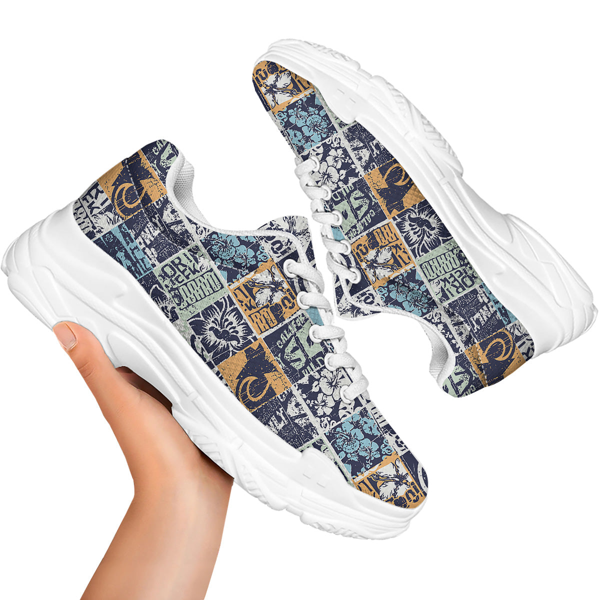 Vintage Patchwork Surfing Print Pattern White Chunky Shoes-grizzshop