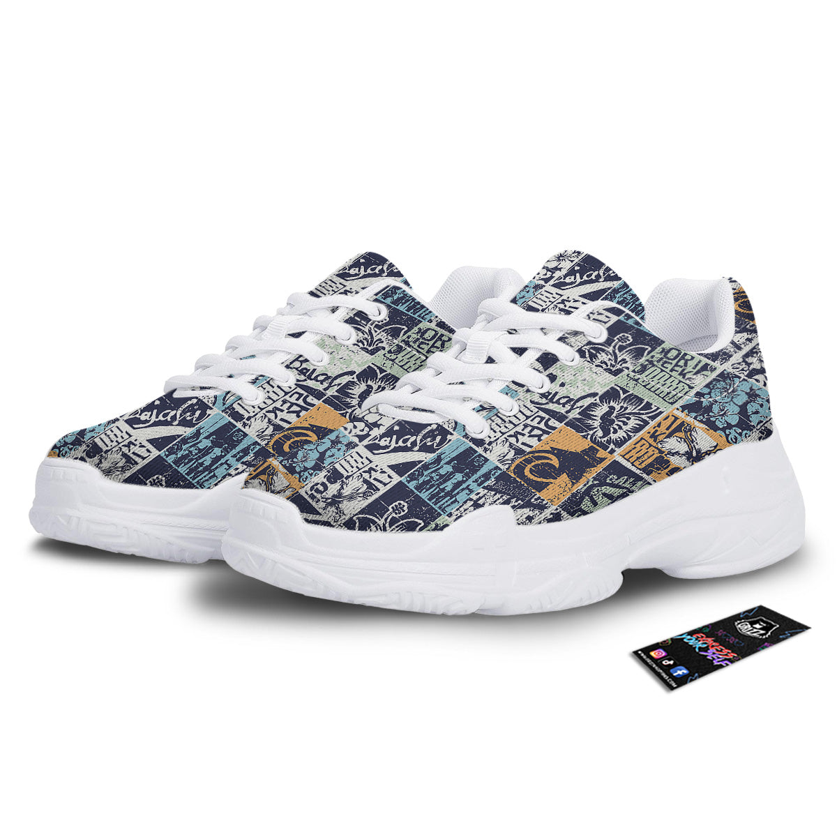 Vintage Patchwork Surfing Print Pattern White Chunky Shoes-grizzshop