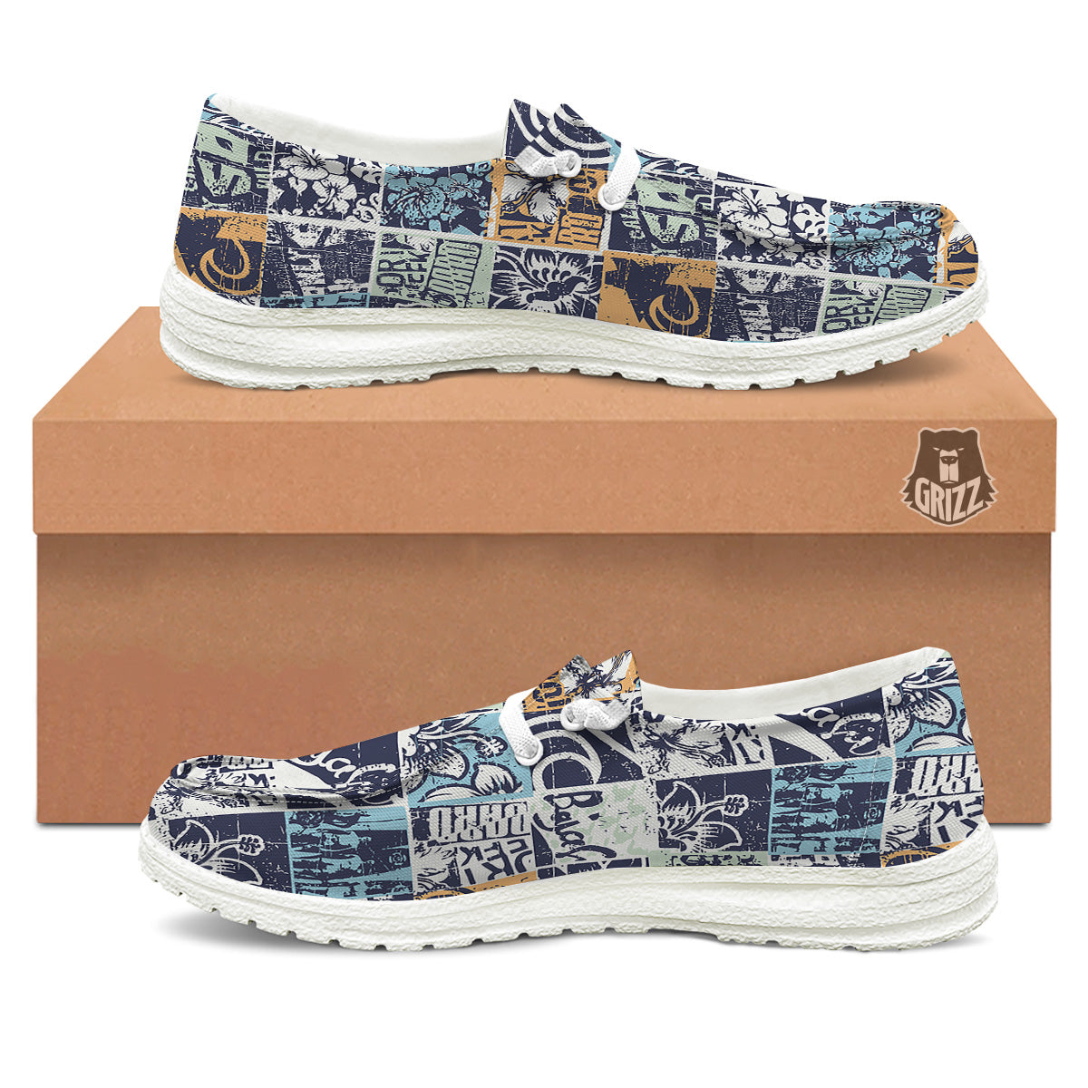 Vintage Patchwork Surfing Print Pattern White Loafers-grizzshop