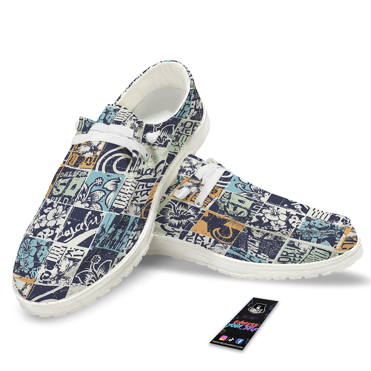 Vintage Patchwork Surfing Print Pattern White Loafers-grizzshop