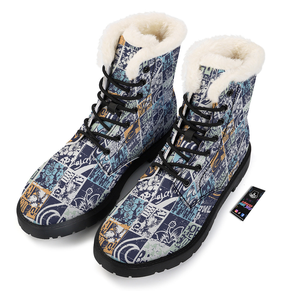 Vintage Patchwork Surfing Print Pattern Winter Boots-grizzshop