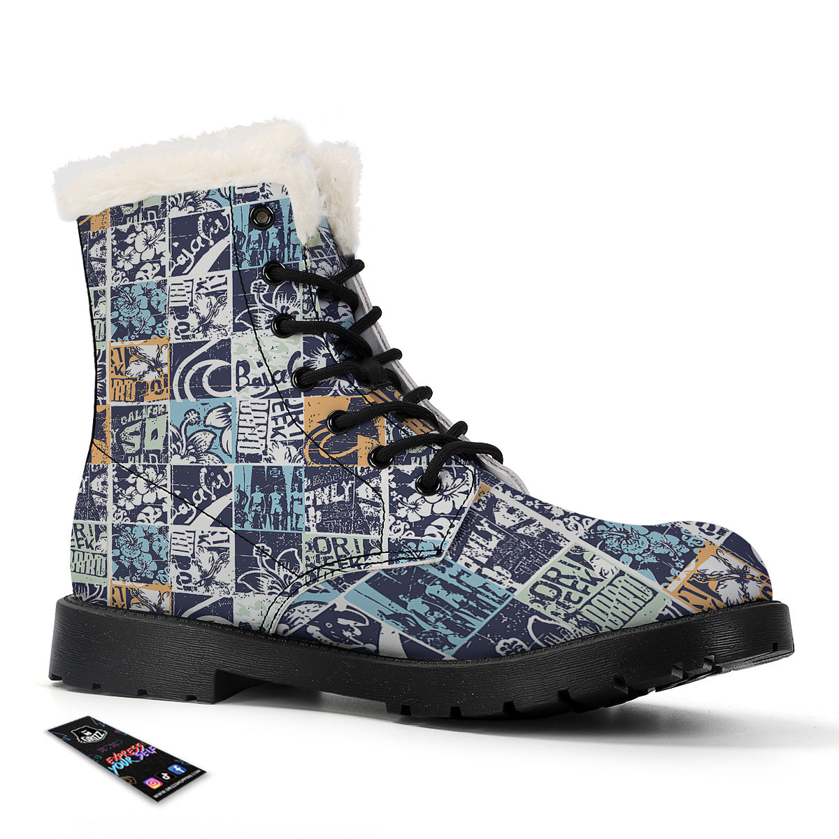 Vintage Patchwork Surfing Print Pattern Winter Boots-grizzshop