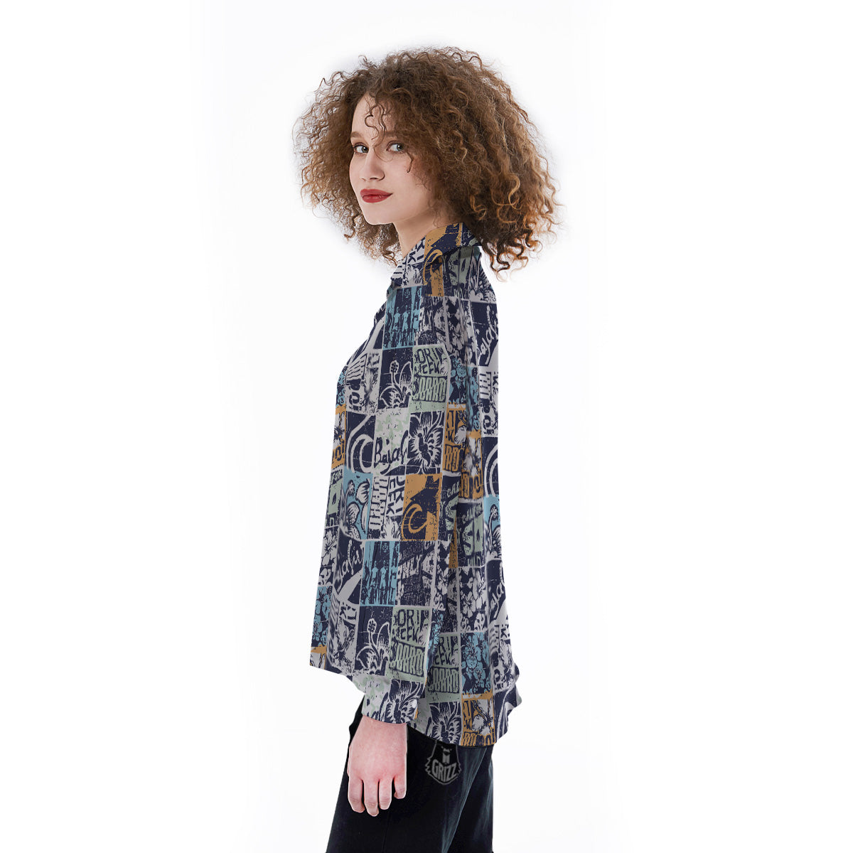 Vintage Patchwork Surfing Print Pattern Women's Long Sleeve Shirts-grizzshop