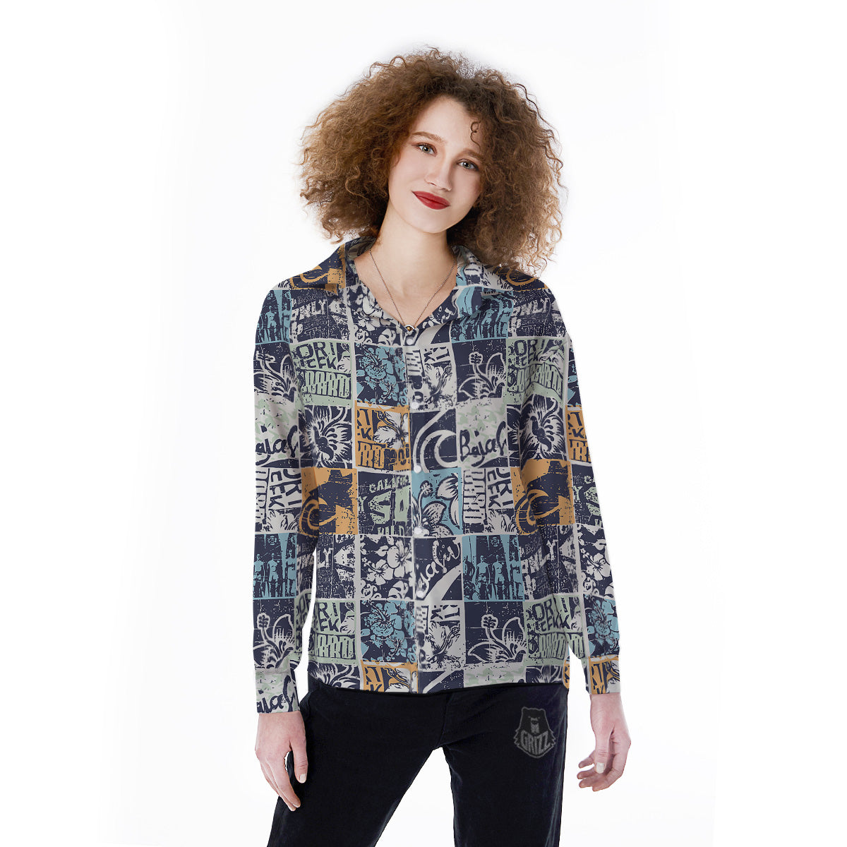 Vintage Patchwork Surfing Print Pattern Women's Long Sleeve Shirts-grizzshop