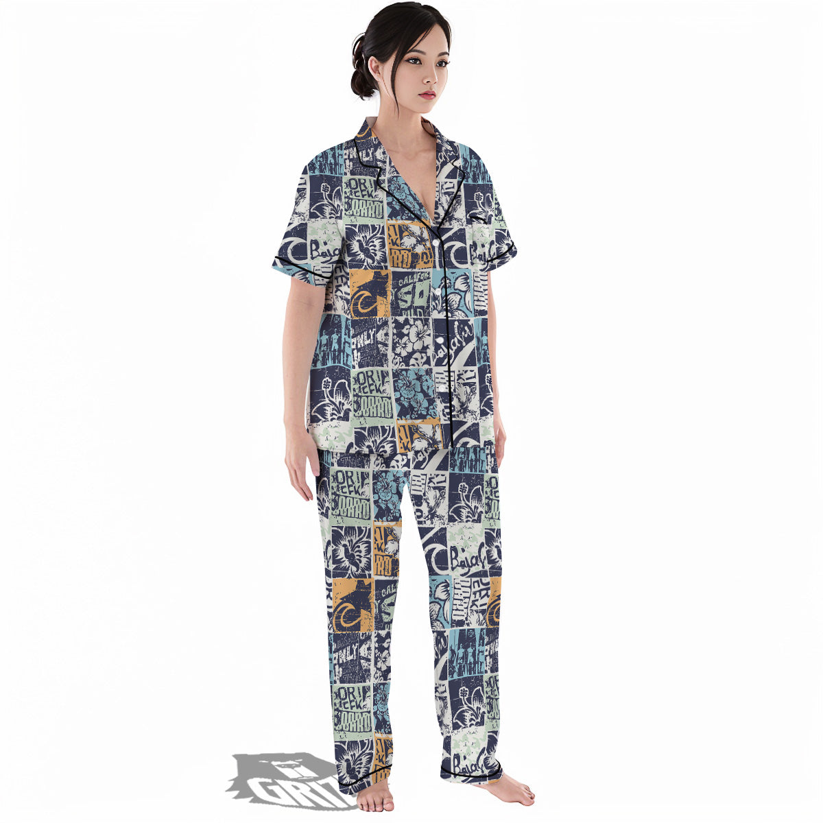 Vintage Patchwork Surfing Print Pattern Women's Pajamas Set-grizzshop