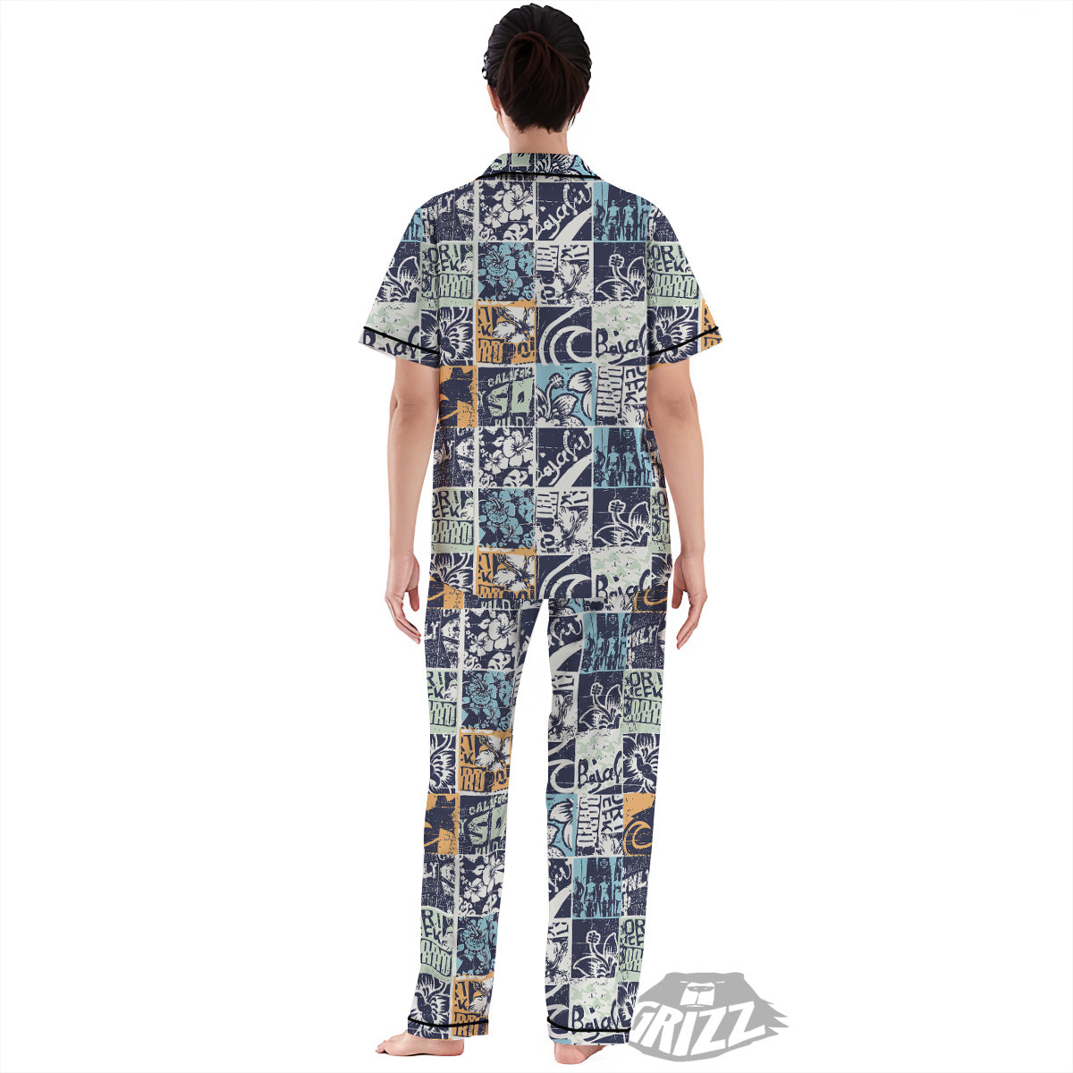 Vintage Patchwork Surfing Print Pattern Women's Pajamas Set-grizzshop