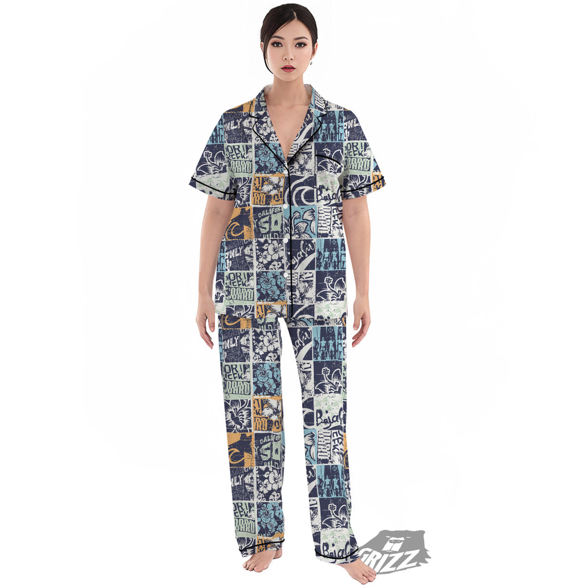 Vintage Patchwork Surfing Print Pattern Women's Pajamas Set-grizzshop