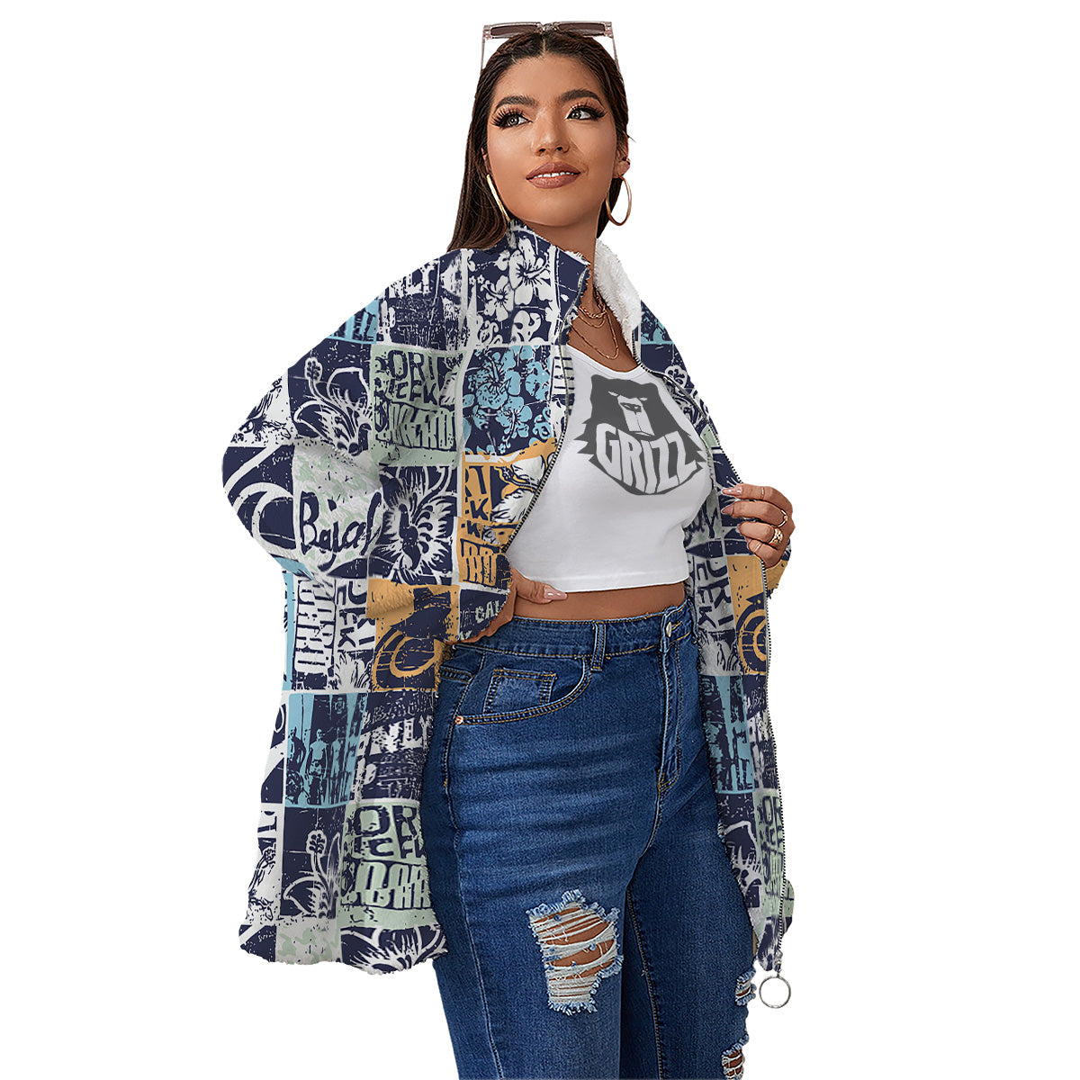 Vintage Patchwork Surfing Print Pattern Women's Sherpa Jacket-grizzshop