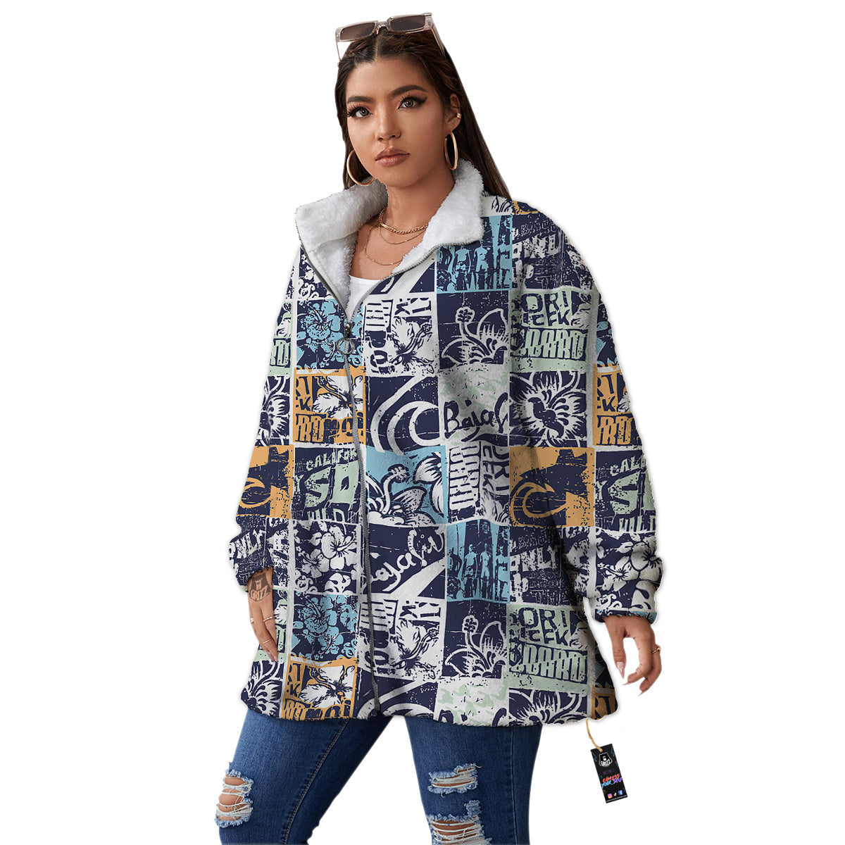 Vintage Patchwork Surfing Print Pattern Women's Sherpa Jacket-grizzshop