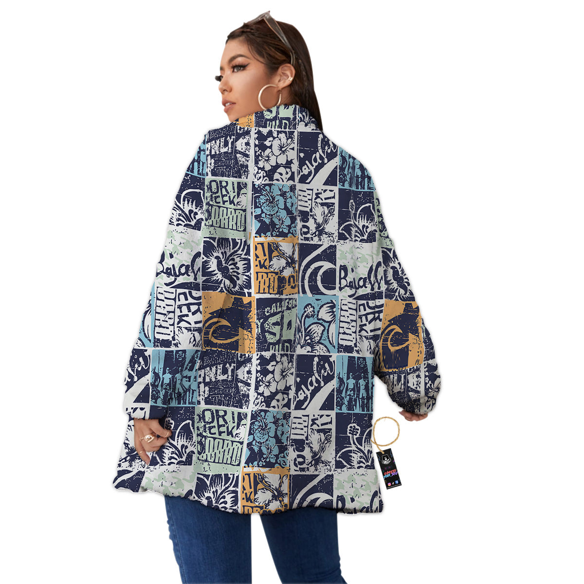 Vintage Patchwork Surfing Print Pattern Women's Sherpa Jacket-grizzshop