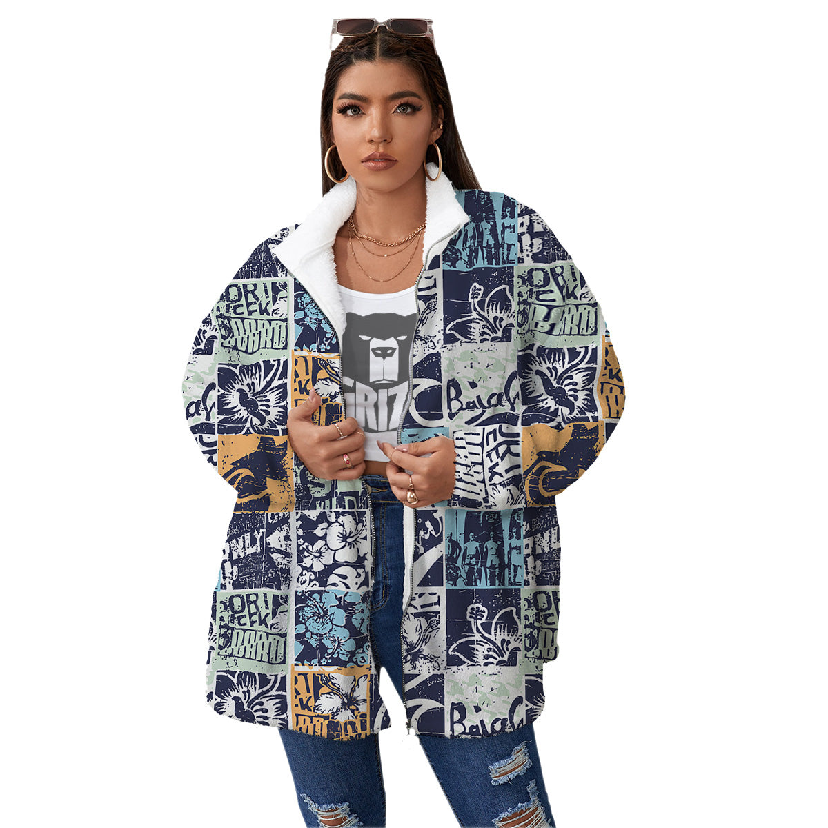 Vintage Patchwork Surfing Print Pattern Women's Sherpa Jacket-grizzshop