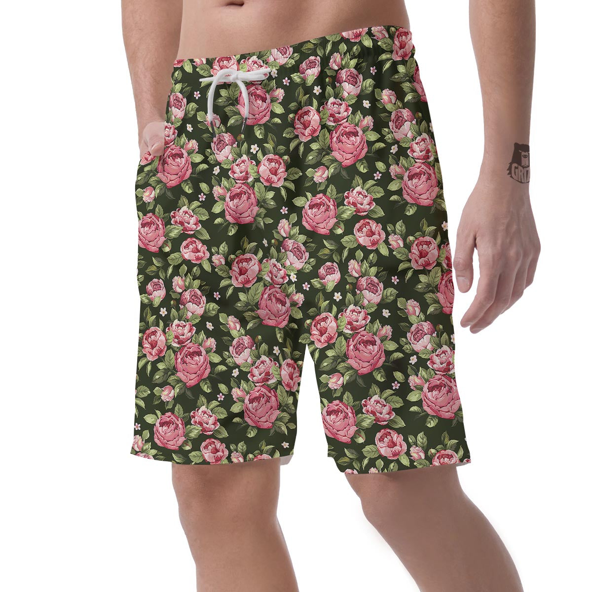 Vintage Pink Rose Floral Print Men's Shorts-grizzshop
