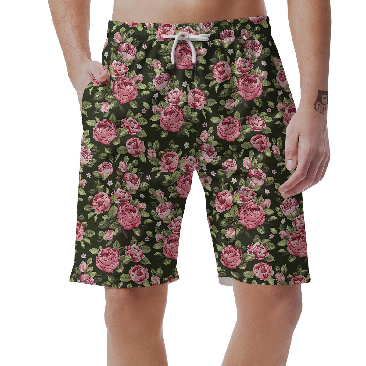 Vintage Pink Rose Floral Print Men's Shorts-grizzshop