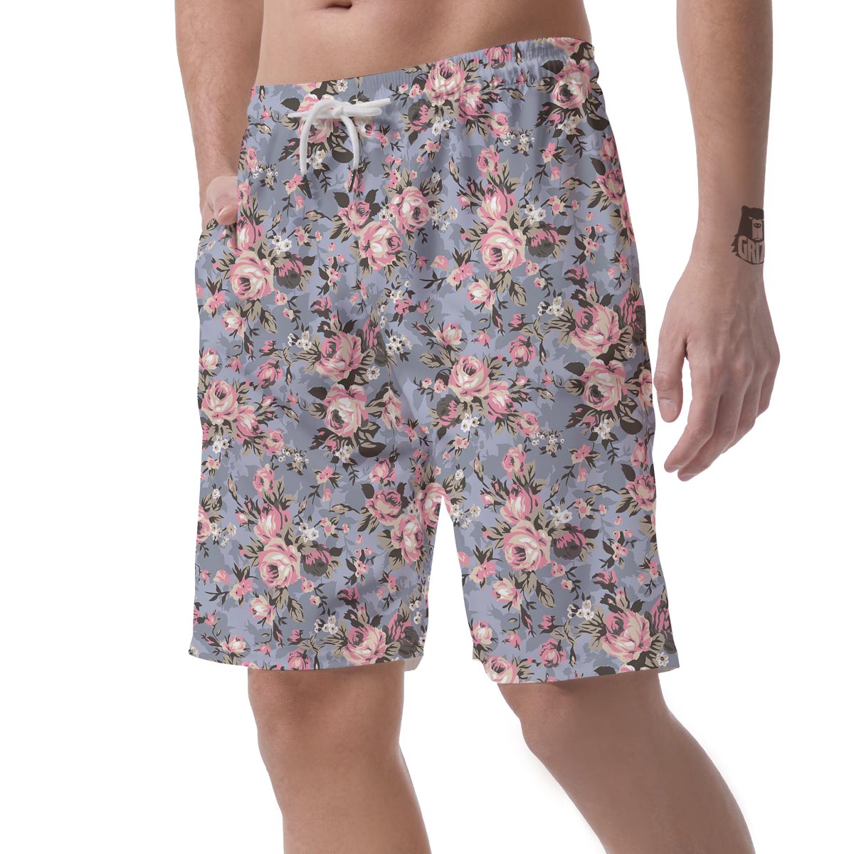 Vintage Pink Rose Flower Print Men's Shorts-grizzshop