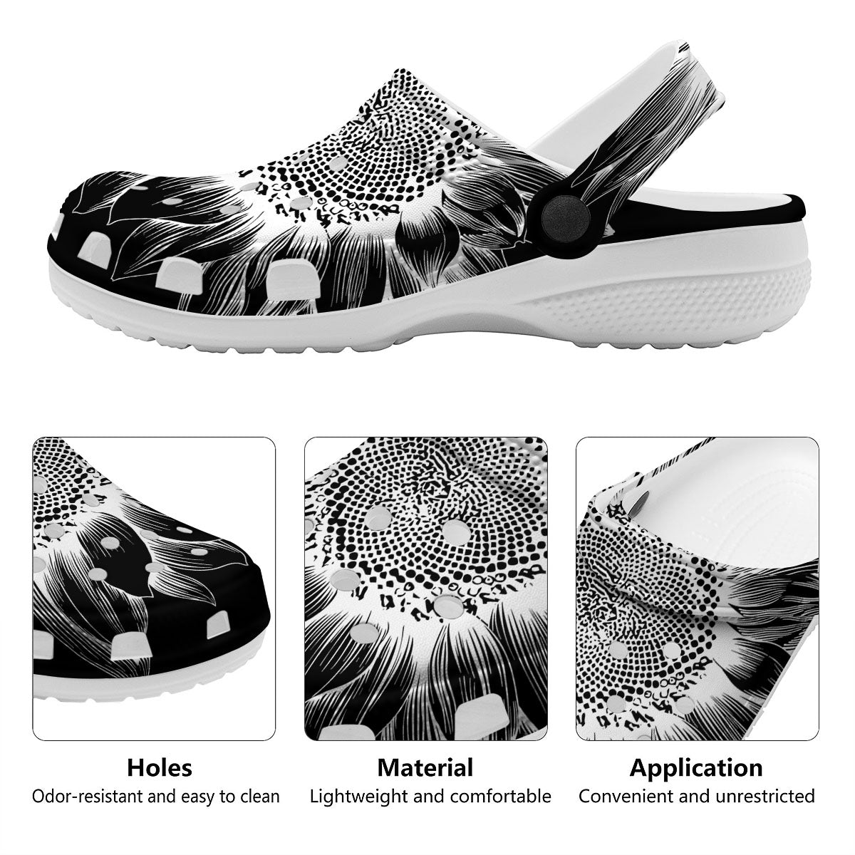 Vintage Sunflower White And Black Print Clog-grizzshop