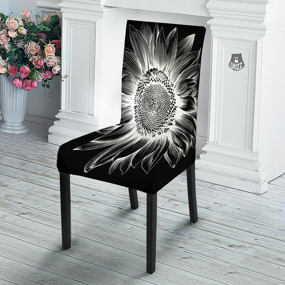 Vintage Sunflower White And Black Print Dining Chair Slipcover-grizzshop