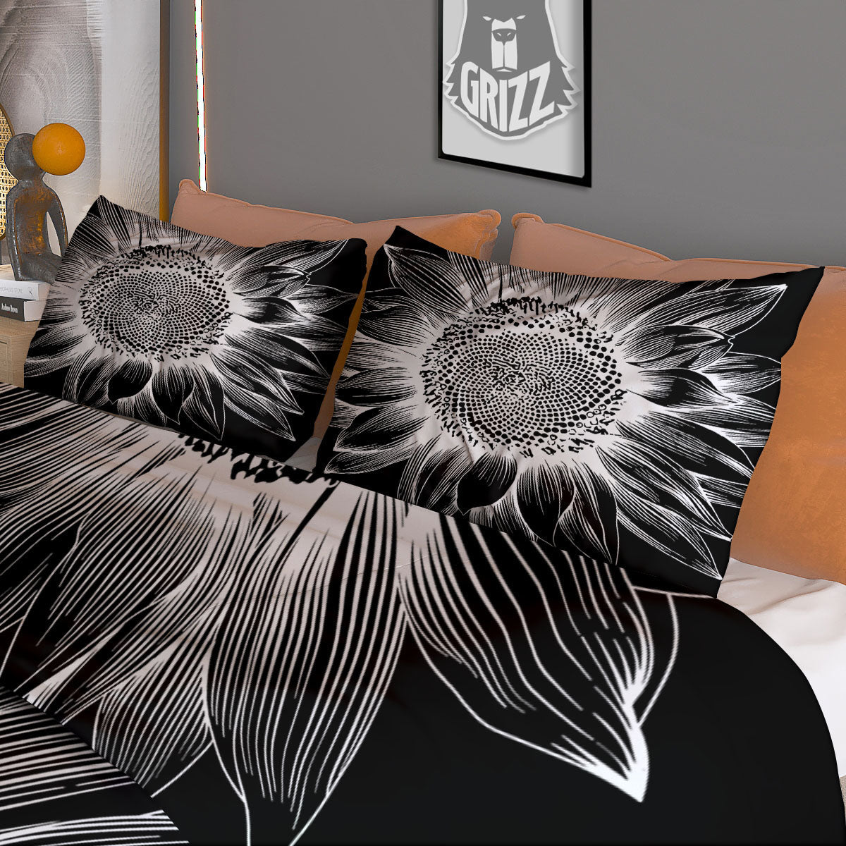 Vintage Sunflower White And Black Print Duvet Cover Bedding Set