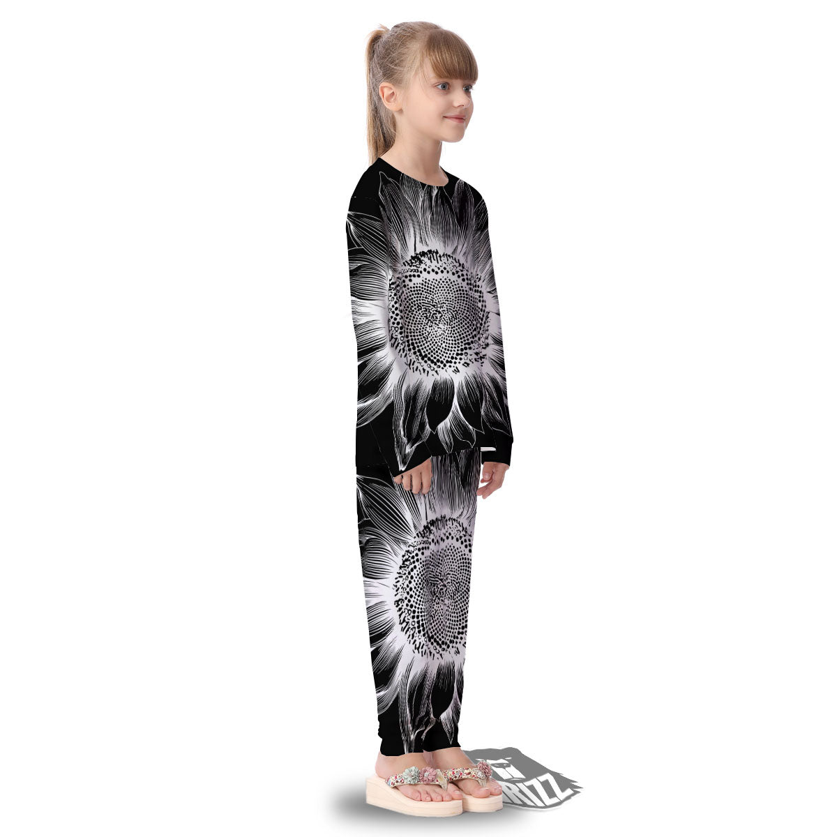 Vintage Sunflower White And Black Print Kid's Pajamas-grizzshop