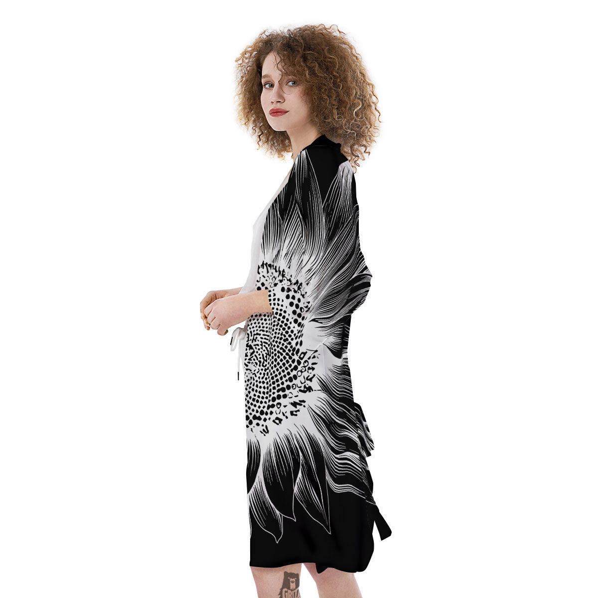 Vintage Sunflower White And Black Print Kimono-grizzshop
