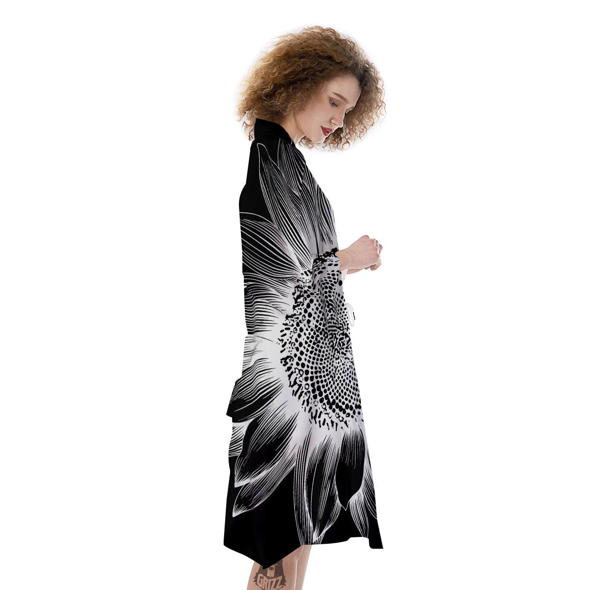 Vintage Sunflower White And Black Print Kimono-grizzshop