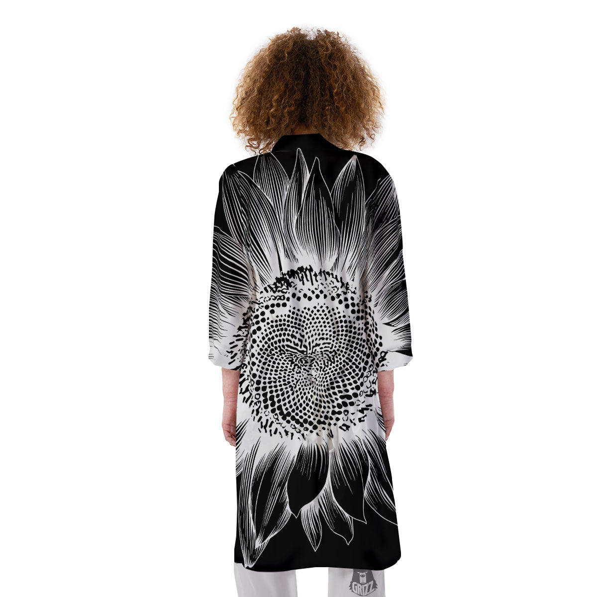 Vintage Sunflower White And Black Print Kimono-grizzshop