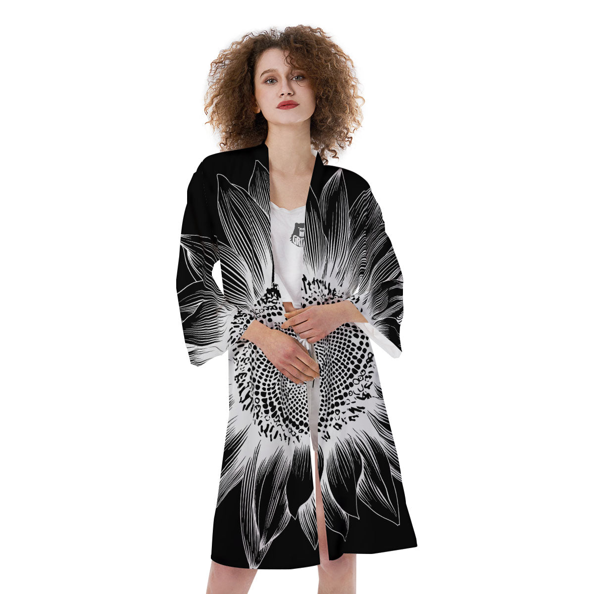 Vintage Sunflower White And Black Print Kimono-grizzshop