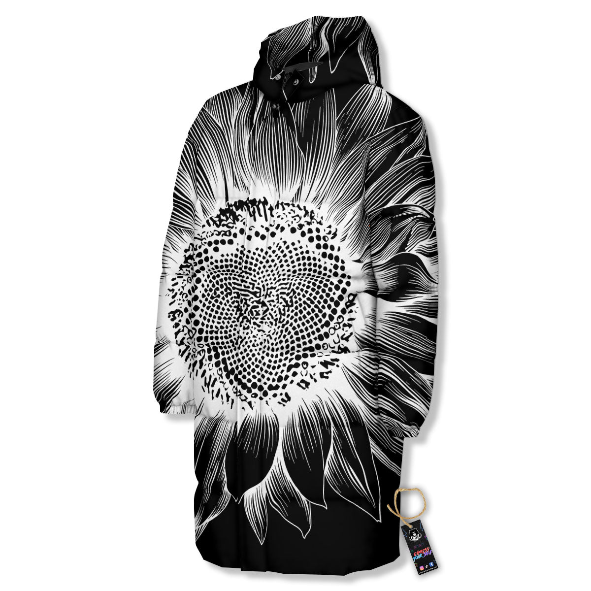 Vintage Sunflower White And Black Print Long Down Jacket-grizzshop