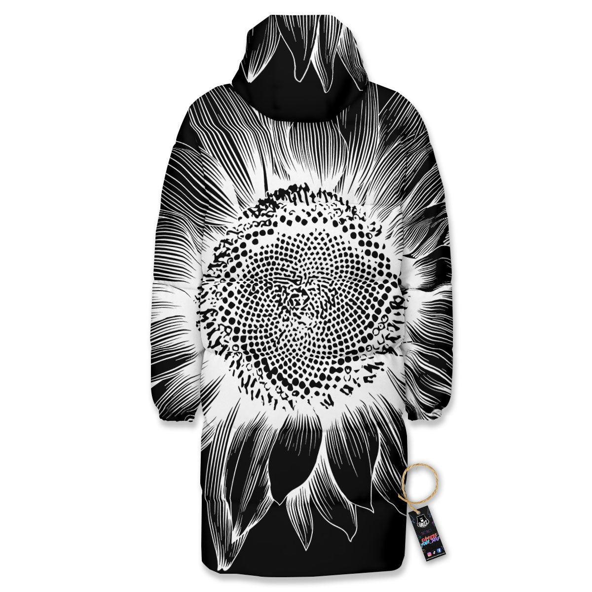 Vintage Sunflower White And Black Print Long Down Jacket-grizzshop
