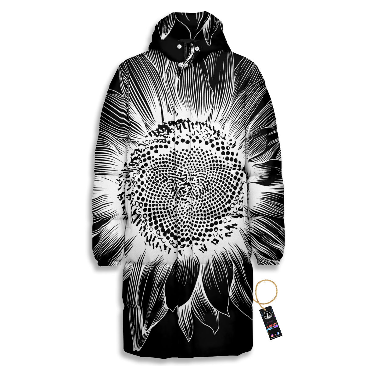 Vintage Sunflower White And Black Print Long Down Jacket-grizzshop