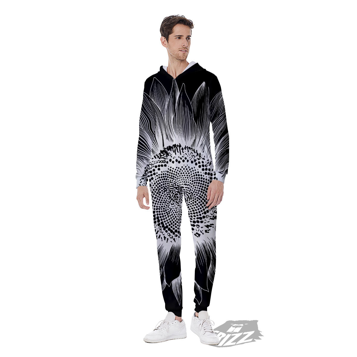 Vintage Sunflower White And Black Print Men's Jumpsuit-grizzshop