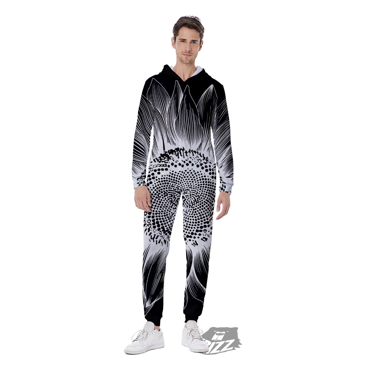 Vintage Sunflower White And Black Print Men's Jumpsuit-grizzshop
