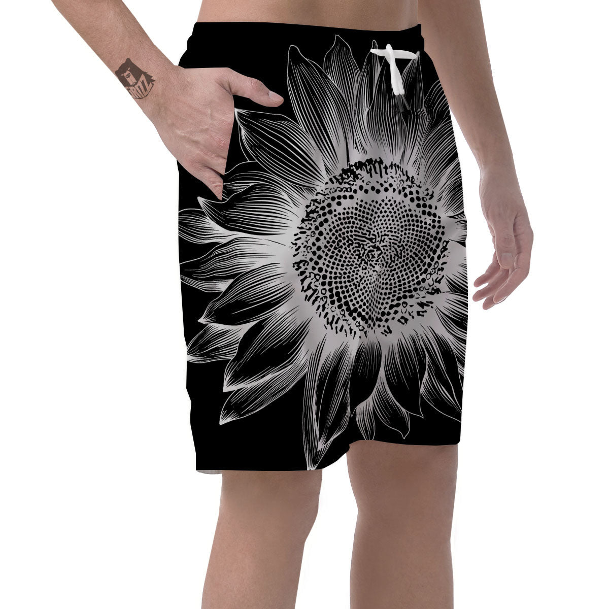 Vintage Sunflower White And Black Print Men's Shorts-grizzshop