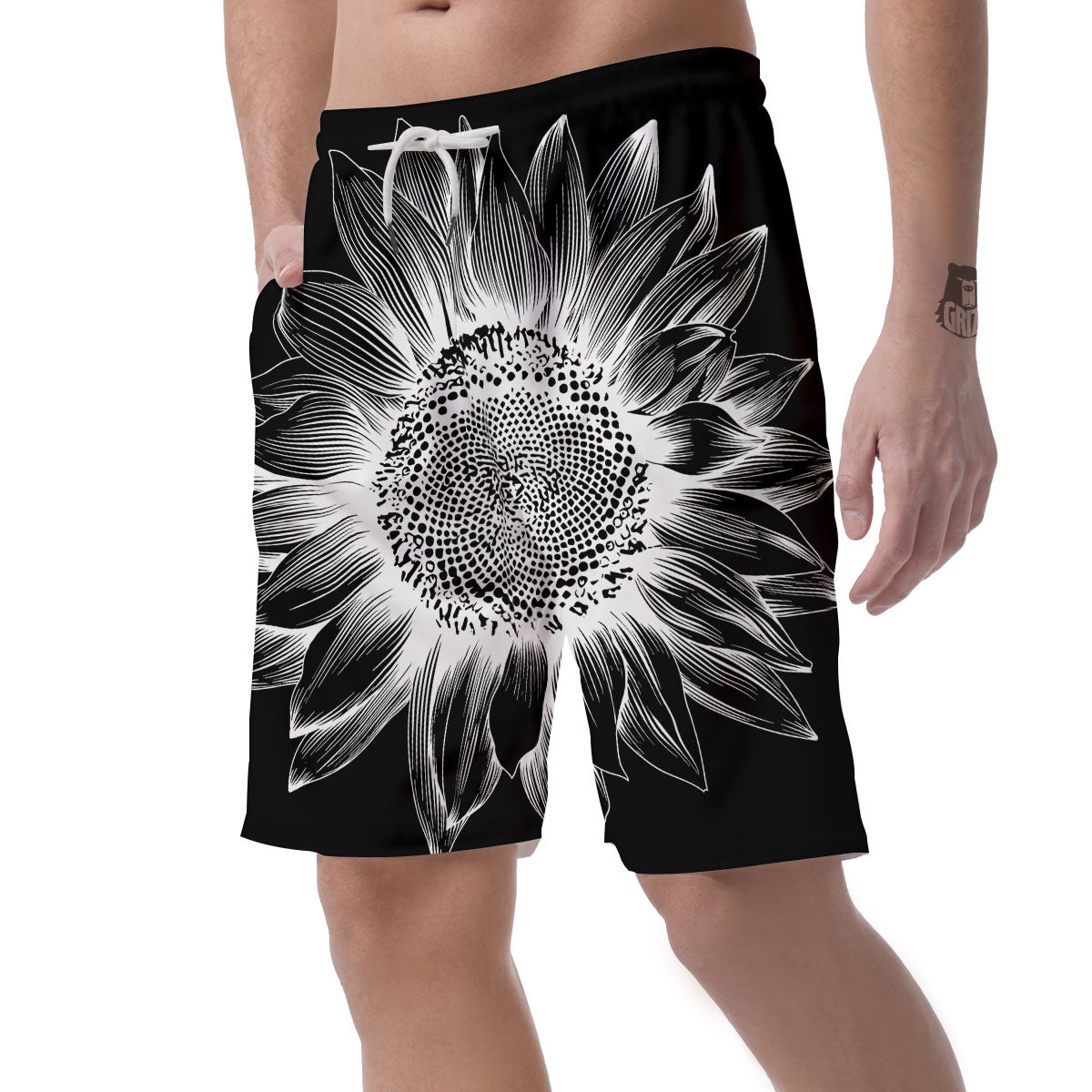 Vintage Sunflower White And Black Print Men's Shorts-grizzshop