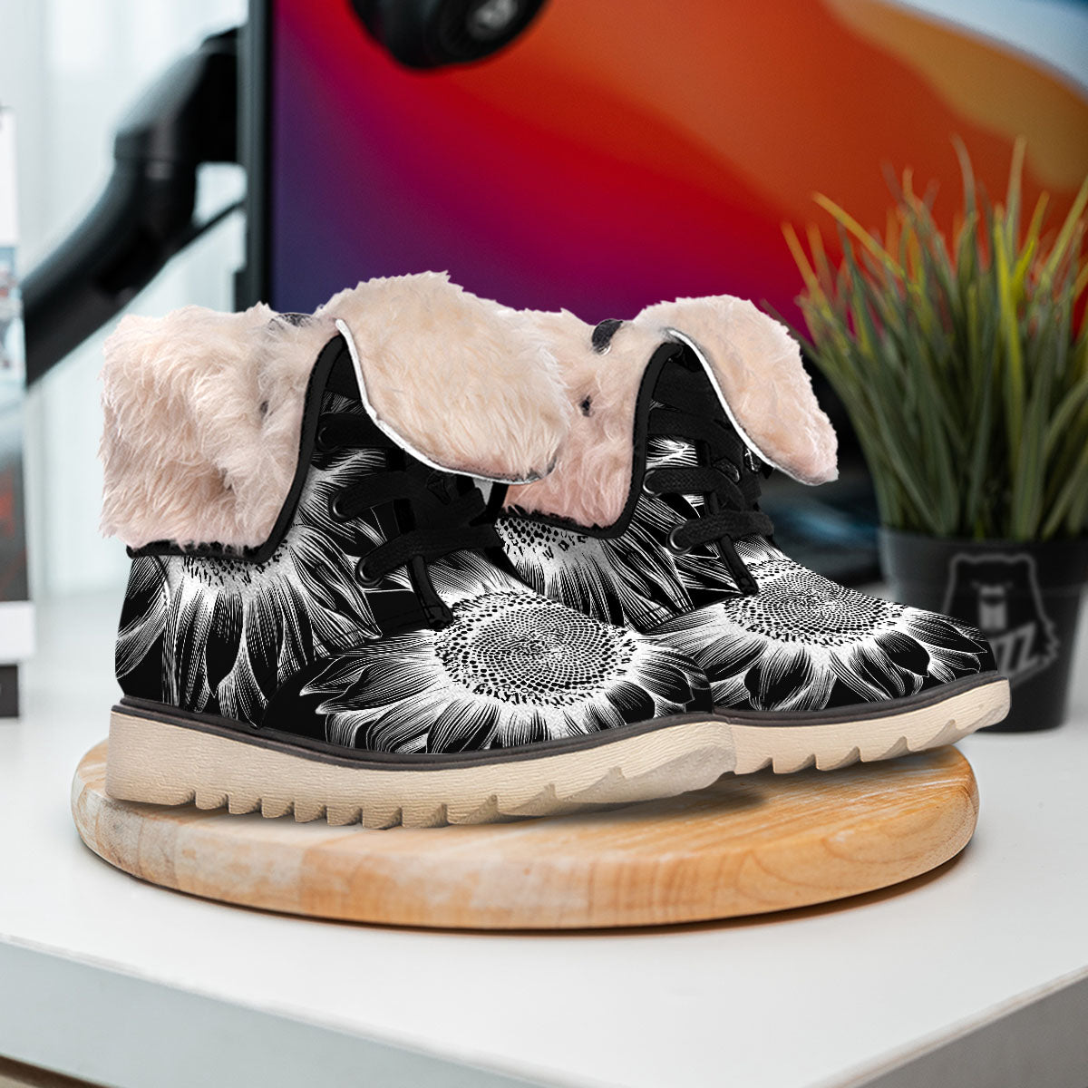 Vintage Sunflower White And Black Print Snow Boots-grizzshop